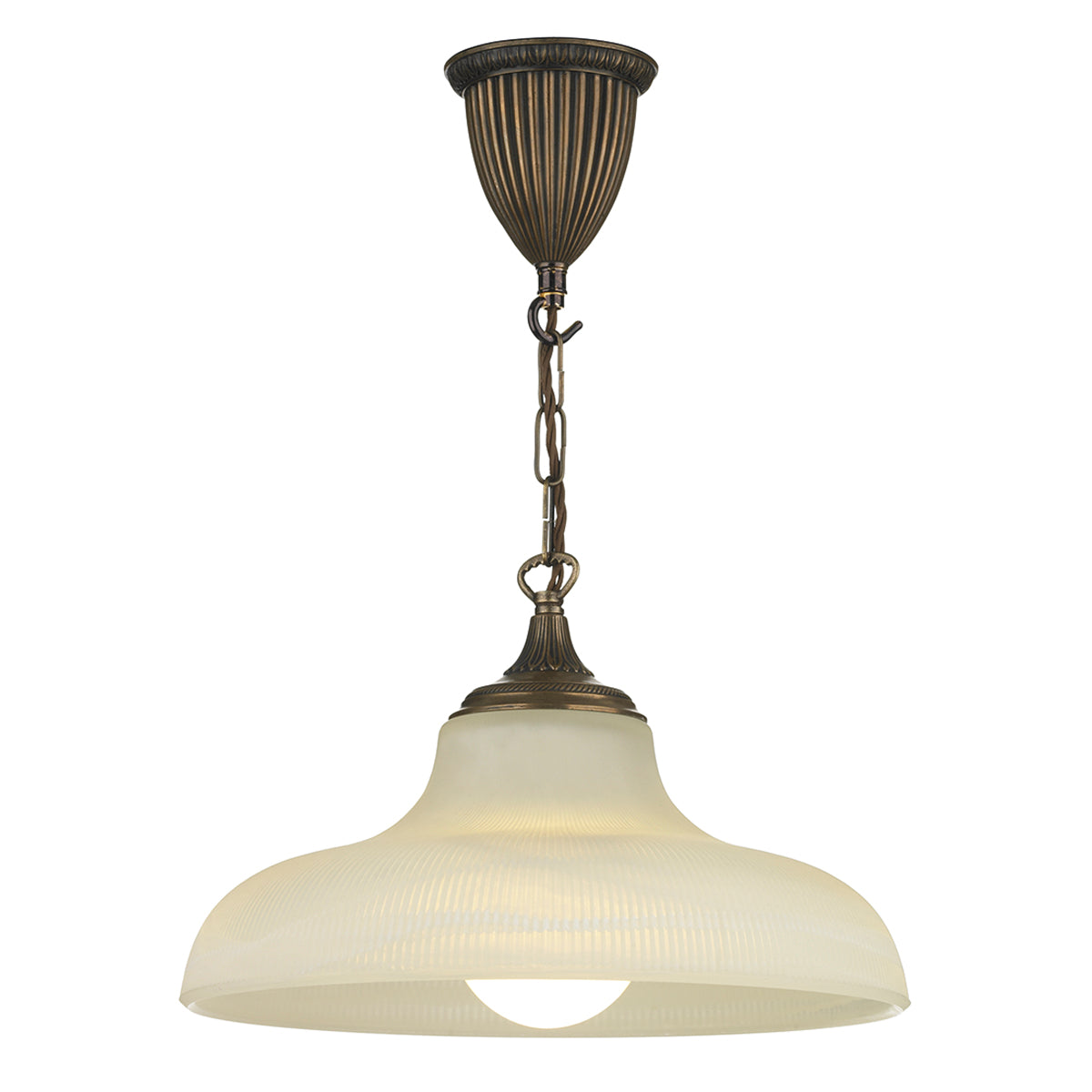 This pendant light has a large ceiling rose with a ribbed detail finished in a bronze colour, it has a chain hanging down with a creamy alabaster glass that is circular and ribbed its a thick heavy glass that is shallow and wide so you will see the bulb pointing out underneath.