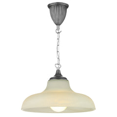 This pendant light has a large ceiling rose with a ribbed detail finished in a dark silver pewter colour, it has a chain hanging down with a creamy alabaster glass that is circular and ribbed its a thick heavy glass that is shallow and wide so you will see the bulb pointing out underneath.