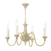 This 4 light chandelier is shown in cream the ceilibng rose has a very detailed floral pattern which has a chain from it coming down to a large central decorative centre plinth, the base of which is curved with lots of floral decoration, there are 4 curved arms coming off the central stem to the lamp holders which the base of the bulb holders are also floral decorated. There are long elongated candle drips covering the inner bulb holder.