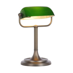 Bank Table Lamp Antique Brass and Green Glass