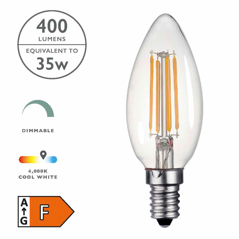 Single Clear Candle Bulb LED E14 Dim 4W 400Lm 4000k