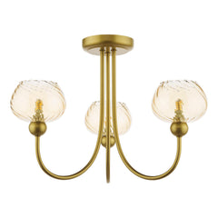 Cognac 3 Light Semi-Flush Satin Gold and Champagne Ribbed Glass