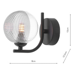 Cradle 1 Light Wall Light Matt Black With Smoked/Clear Ribbed Glass