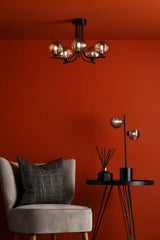 Cradle 5 Light Semi Flush Matt Black With Smoked/Clear Ribbed Glass