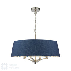 English Heritage Down House 4 Light Shadelier Satin Chrome and Blue With Shade