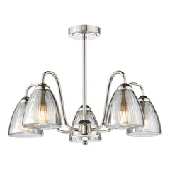 Glynis 5 Light Semi-Flush Polished Nickel and Smoked Ribbed Glass