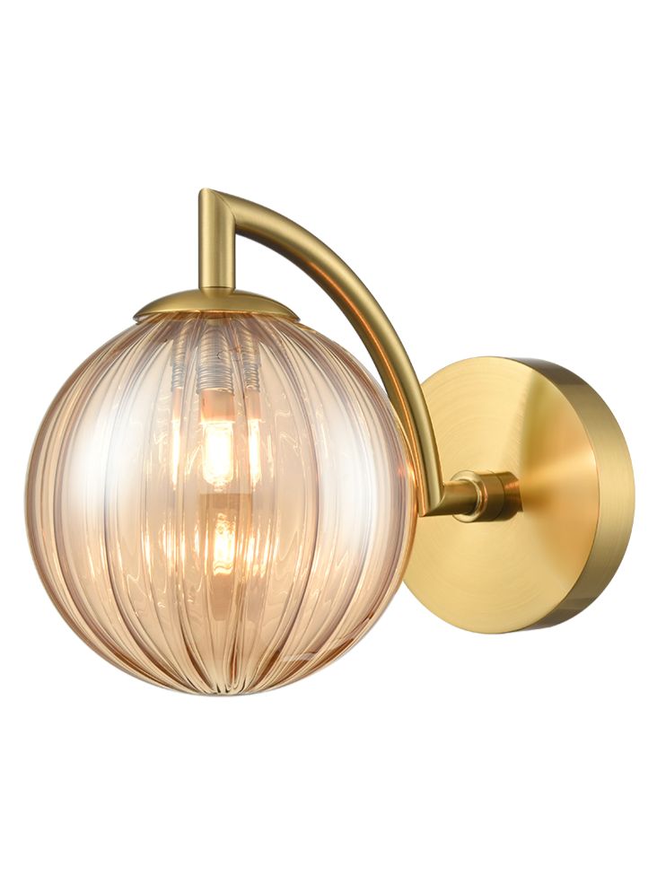 Globe Wall Light aged brass with amber ribbed glass