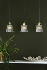 Hadano 3 Light Brass Suspension With Ribbed Glass Shades