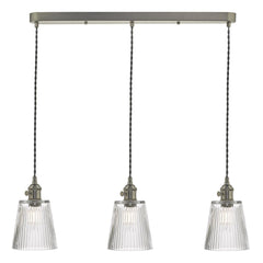 Hadano 3 Light Antique Chrome Suspension With Ribbed Glass Shades