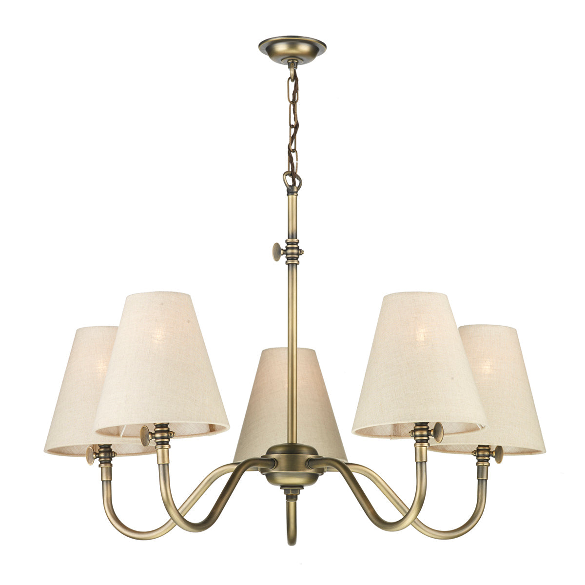 5 lighting chandelier finished in antiqe brass with a neat ceiling rode plus a chain hanging to the main light fitting, it is shown with linen shades in a light neutral colour that are not included in the price, the shades can be ordered separately. The chandelier has a gas lamp button detail on the side of each arm representing old retro style lights.