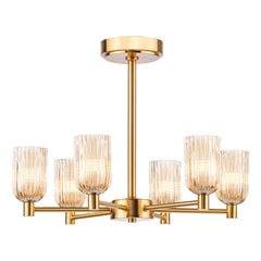 Hilaria 6 Light Semi-Flush Antique Gold and Amber Ribbed Glass
