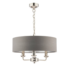 Metal work is finished in a polished highly reflective nickel finish, the ceiling rose has a tiered detail and the light is suspended from a chain connected to the ceiling rose. The chain then attaches to a etal rod which holds 3 lamp holders on three arms off a central pivot. The shade wraps around the bulbs hiding them from a sideways view but the top and bottom of the shade is open so you will see the bulb frame from below the light, as this is actually suspended below the frame.