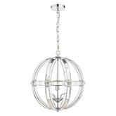 The Aidan light from Laura Ashley is finished with polished chrome metalwork and it is shaped like a globe with the frame housing curved glass sections which catch the light and a curved glass frame in a belt around the middle of the globe, the globe is suspended on a chrome chain from a flat 4 inch ceiling rose there are 5 bulbs inside the fitting which are easily reached in between the frame sections. There is a smaller version and a matching table lamp