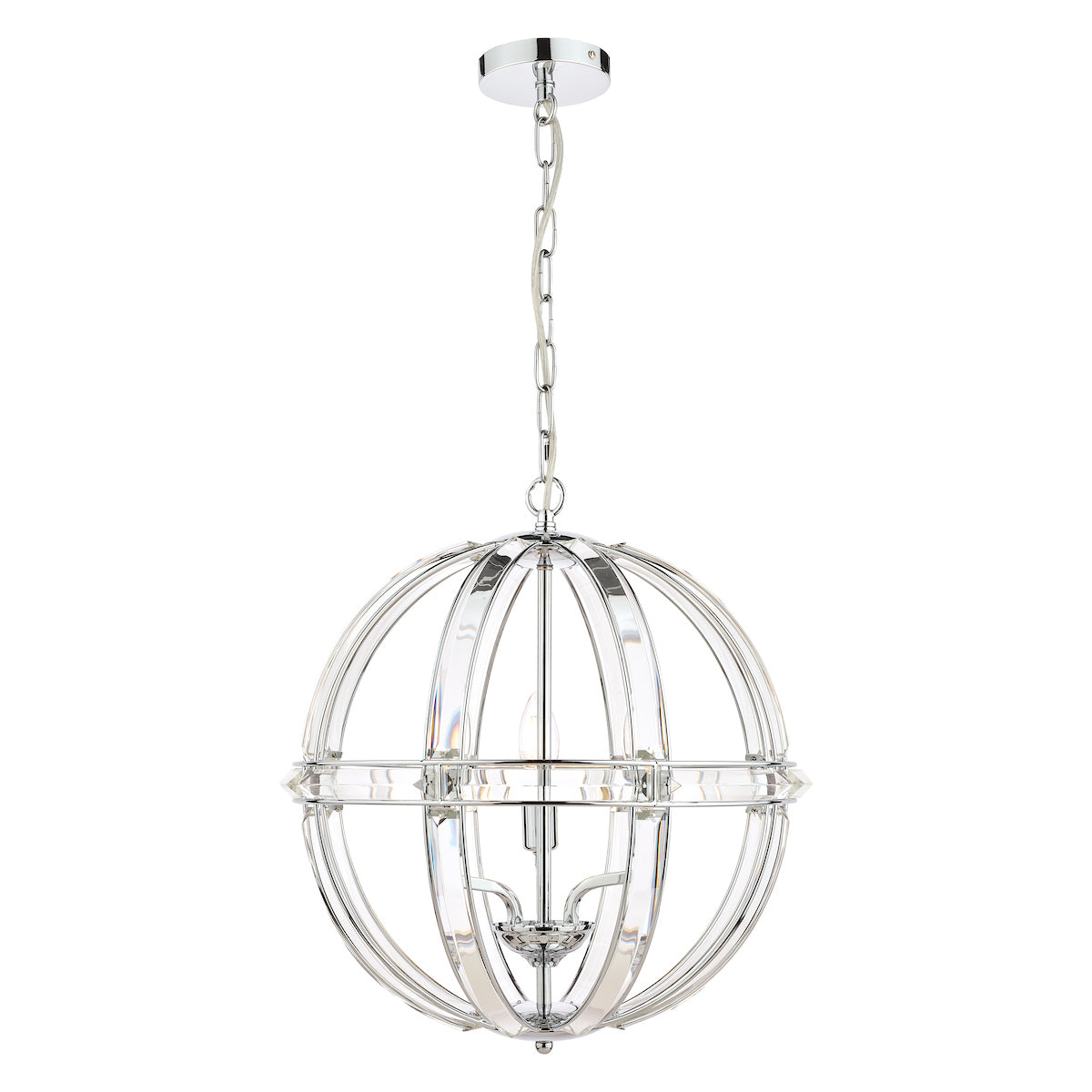 Laura Ashley Aidan ceiling light is a round globe with polished chrome metalwork and the frame is open with sections of curved glass interspaced constructing the globe shape, the globe has a belt of metalwork with the glass built within the frame around the  middle of the globe, The light is suspended on a chain from a flat ceiling rose, it comes in a three light or five light version with easy bulb change that you can access between the frame sections.