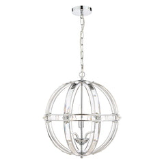 Laura Ashley Aidan ceiling light is a round globe with polished chrome metalwork and the frame is open with sections of curved glass interspaced constructing the globe shape, the globe has a belt of metalwork with the glass built within the frame around the  middle of the globe, The light is suspended on a chain from a flat ceiling rose, it comes in a three light or five light version with easy bulb change that you can access between the frame sections.