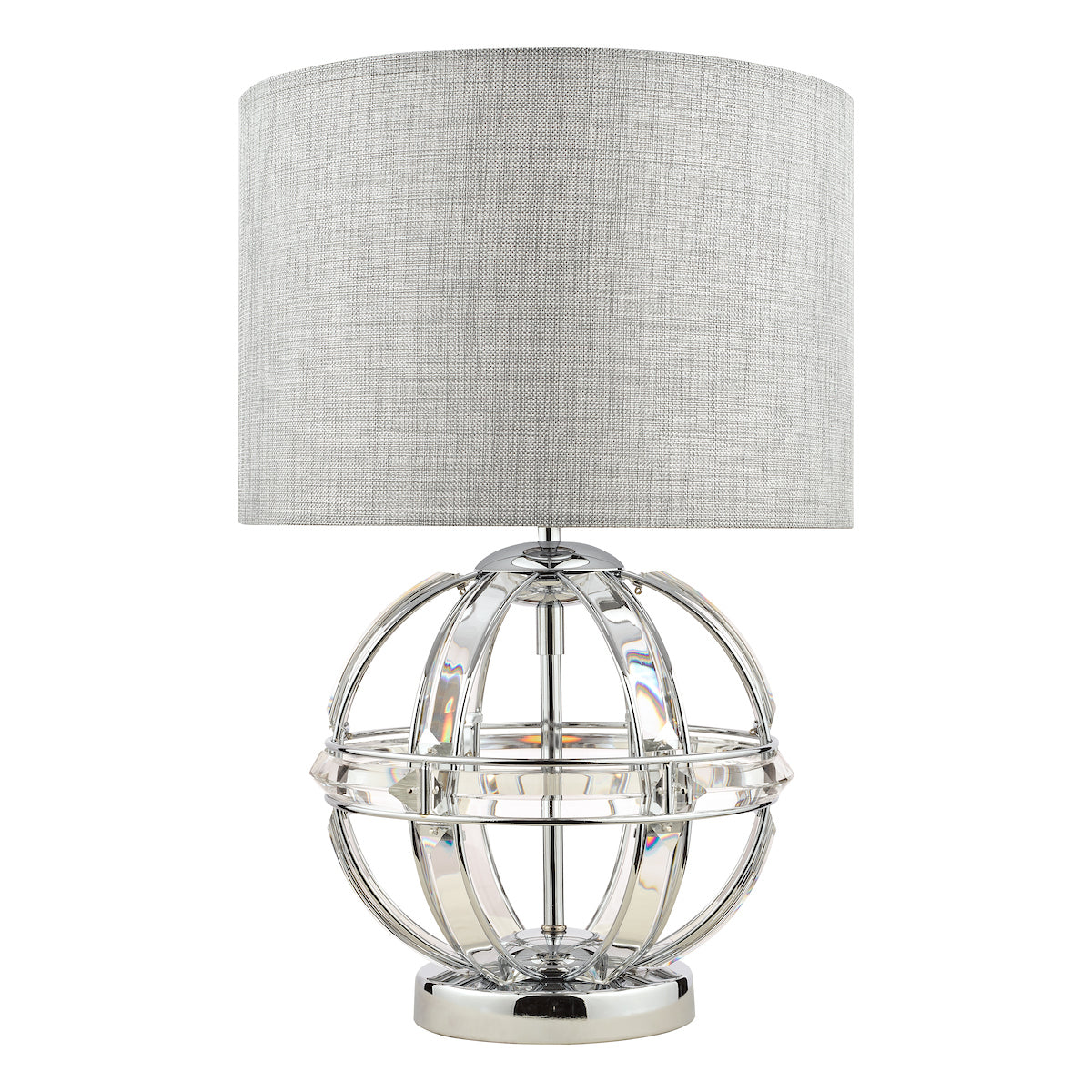 The Aidan table lamp from Laura Ashley is 32 cm in diam and comes with a pale grey linen straight drum shade, the fabric appears to be a rough texture, the base itself is an open globe constructed with a polished chrome frame that houses sections of curved glass that create the globe. It then sits on a solid round metal base also finished in polished chrome. The bulb is housed in the shade section as per most lamps and it is switched with a push button through on the main lamp holder.