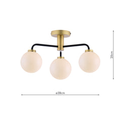 Lainey 3 Light Semi-Flush Matt Black and Antique Brass With Opal Glass