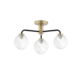 Lainey 3 Light Semi-Flush Matt Black and Antique Brass With Twisted Glass