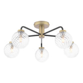 Lainey 5 Light Semi-Flush Matt Black and Antique Brass With Twisted Glass