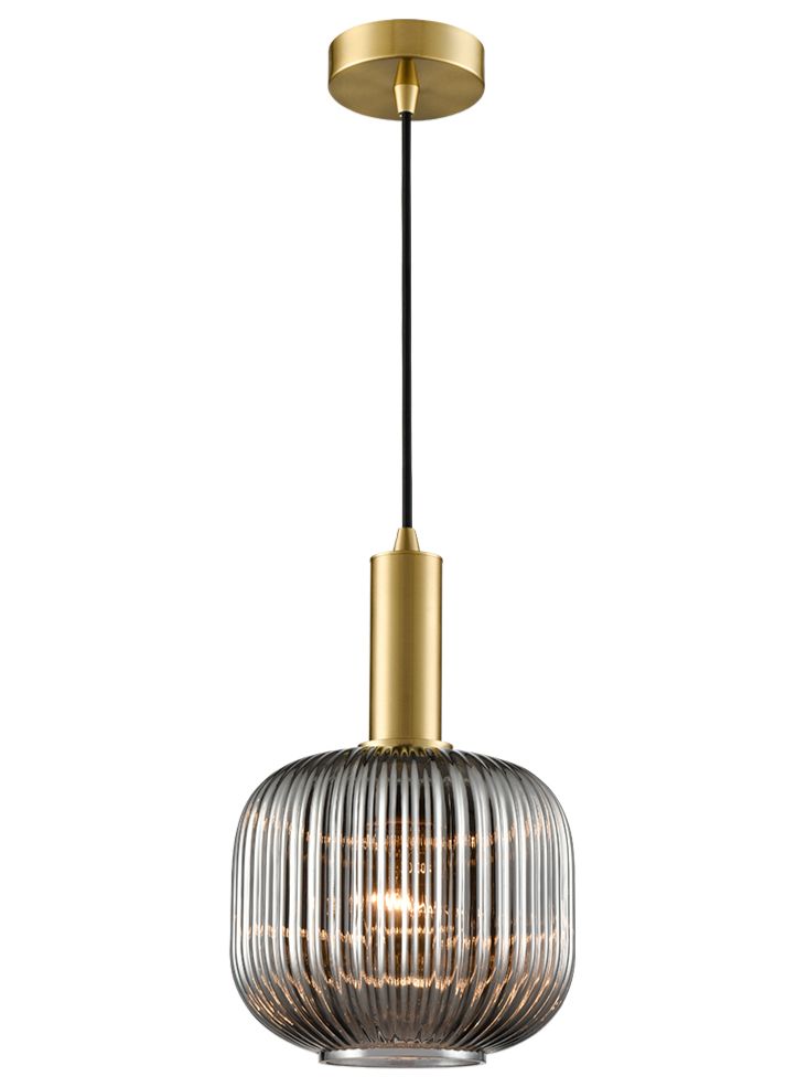 Mezcla Pendant aged brass with ribbed smoked glass 200mm