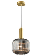 Mezcla Pendant aged brass with ribbed smoked glass 200mm