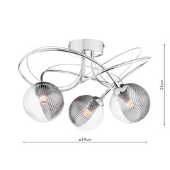 Onawa 3 Light Semi Flush Polished Chrome With Smoked / Clear Ribbed Glass