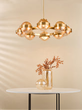Ophira 8 Light Pendant Antique Gold and Amber Ribbed Glass