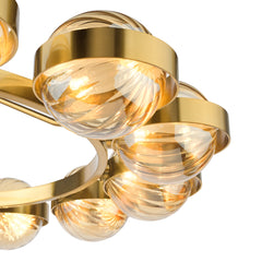 Ophira 12 Light Pendant Antique Gold and Amber Ribbed Glass