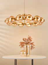 Ophira 12 Light Pendant Antique Gold and Amber Ribbed Glass