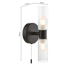 Bolton 2 Light Bathroom Wall Light Matt Black and Ribbed Glass IP44