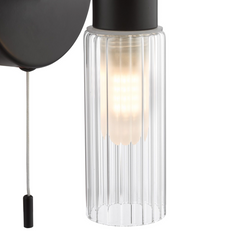 Bolton 2 Light Bathroom Wall Light Matt Black and Ribbed Glass IP44