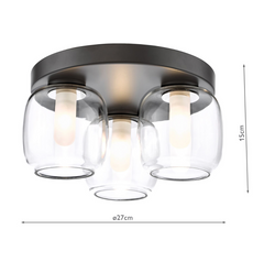 Edaline 3 Light Bathroom Flush Light Matt Black and Glass IP44
