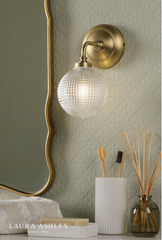 Laura Ashley Langdon Bathroom Wall Light Matt Antique Brass and Textured Glass IP44