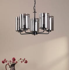 Daylin 5 Light Pendant Satin Black and Smoked Ribbed Glass