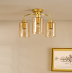 Daylin 3 Light Semi-Flush Satin Gold and Amber Ribbed Glass