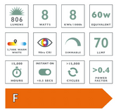 (Pack of 6) LED ES/E27 GLS Light Bulb (Lamp) 8w 806lm 2700k