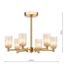 Hilaria 6 Light Semi-Flush Antique Gold and Amber Ribbed Glass