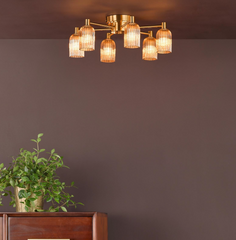 Hilaria 6 Light Flush Antique Gold and Amber Ribbed Glass