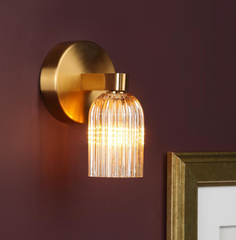 Hilaria Bathroom Wall Light Antique Gold and Amber Ribbed Glass IP44