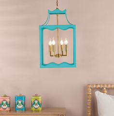 Jinele 4 Light Lantern Satin Eau De Nil Blue and Natural Brass