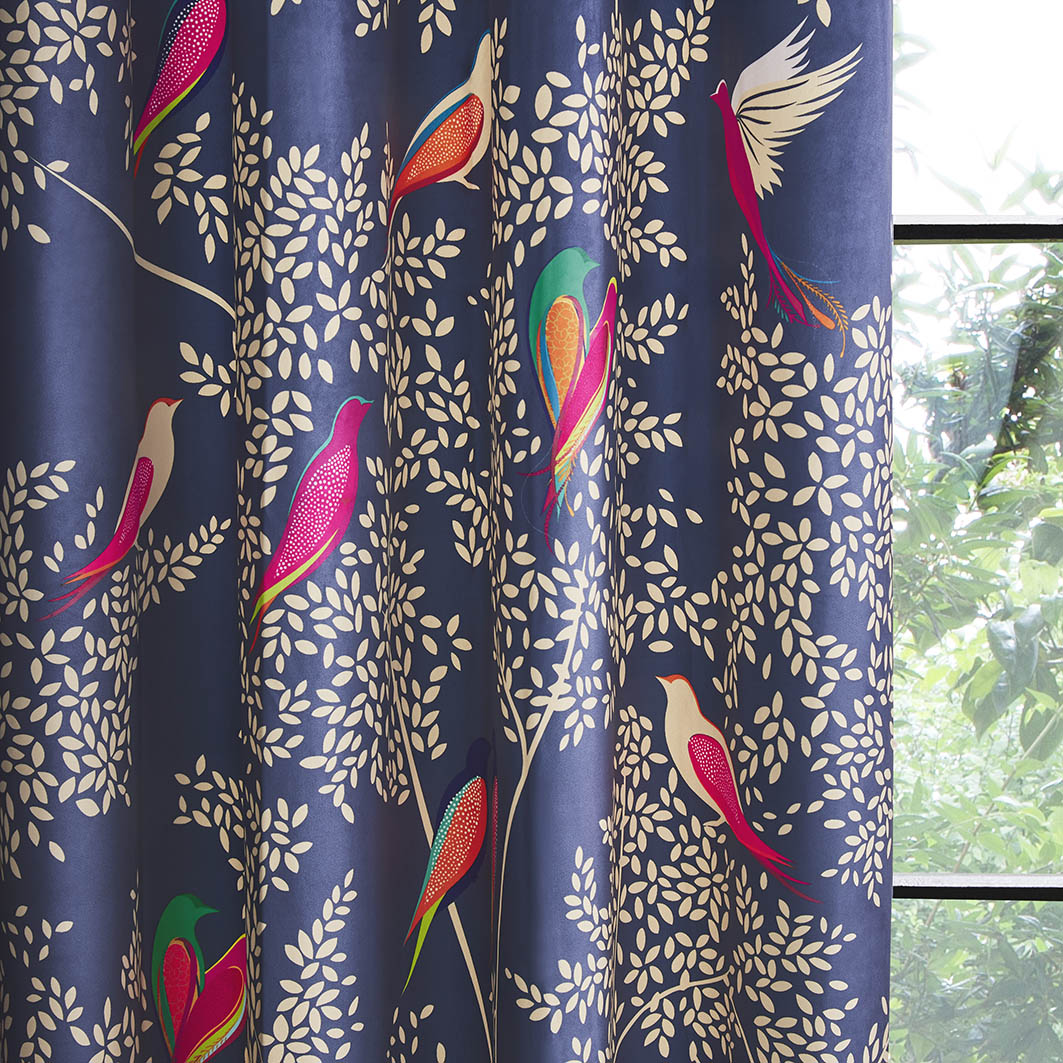 Smokey Birds Blue Readymade Curtains