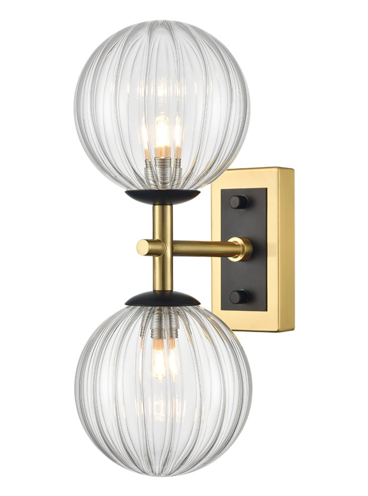 Stellar 2lt wall light matt black aged brass with clear glass