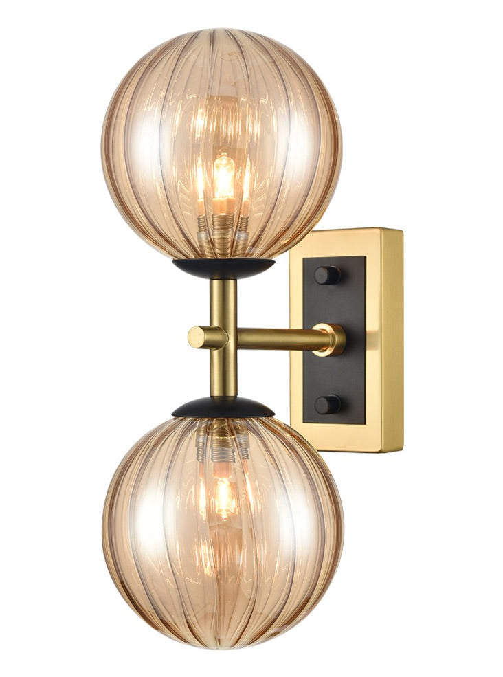 Stellar 2lt wall light matt black and aged brass with amber glass