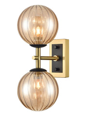 Stellar 2lt wall light matt black and aged brass with amber glass