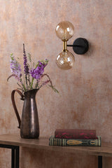 Takara 2 Light Wall Light Matt Black and Bronze With Twisted Amber Glass