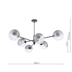 Vignette 6 Light Pendant Matt Black With Smoked/Clear Ribbed Glass