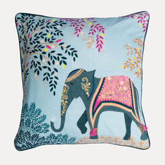 Elephants Oasis Sky Blue Embroidered Cushion (50 x50cm)