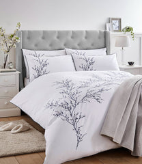 Laura Ashley Pussy Willow Sprig Embroidered Midnight Duvet Cover and Pillowcase Set