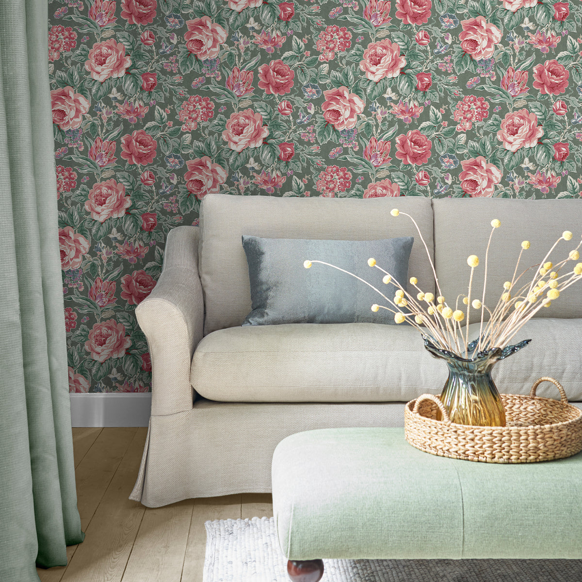 Laura Ashley Wild Roses  Wallpaper Fern Green