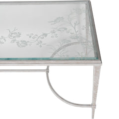 Laura Ashley Aria Etched Glass Distressed White Iron Coffee Table